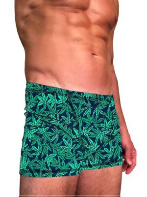 Mens-hot-yoga-shorts-Green-leaf-print