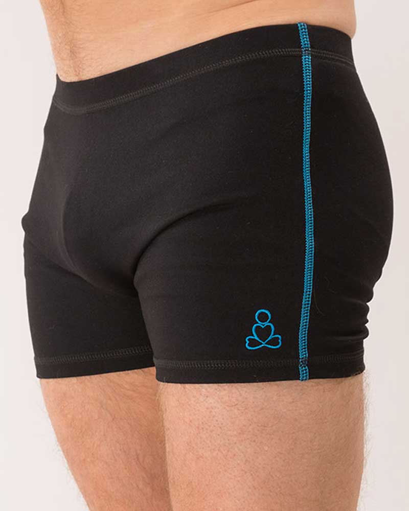 Mens-yoga-shorts-Black-Turq-stitchings-sides