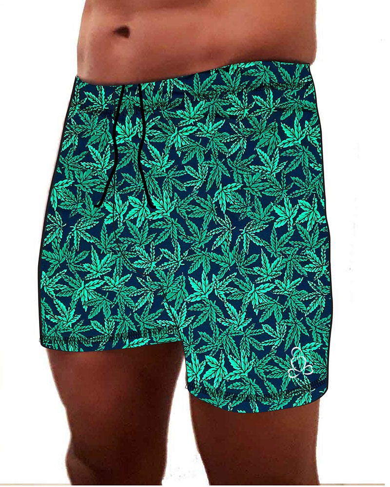 Mens-Tadasana-yoga-shorts-Green-Leaf-print